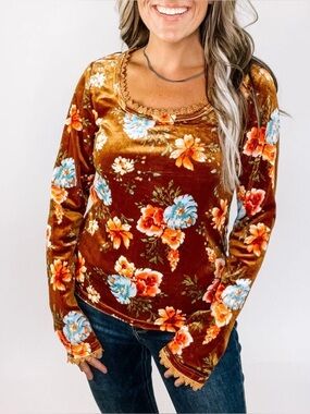 White Birch Plus 1XL Brown Floral Scoop Neck Long Sleeve Top-NWOT